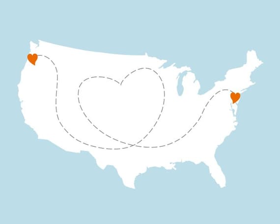 Mother's Day Gift 8x10 Custom Map - USA Map With Heart - Two Locations, Any Color - United States Wall Art - Digital Art Print