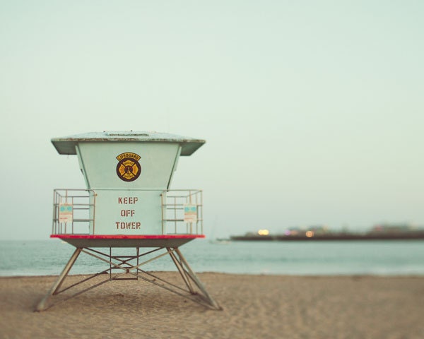 Beach Photography - Lifeguard Hut, Santa Cruz, California, Summer Photograph, Mint Green, Pastel, Mid Century, Modern, Red - Keep Off