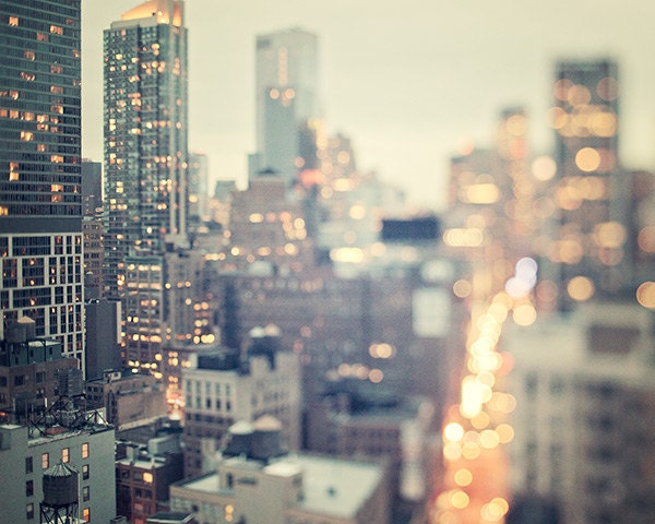 Manhattan skyline at twilight, New York Photography, Pastel Urban Wall Decor, Traffic Lights, NYC Art Print - Night Glitter