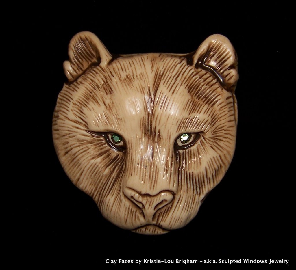 Polymer Clay Cougar or Panther Cat Head Face CAB Cabochon Antiqued Polymer Clay with SWAROVSKI CRYSTAL EYEs