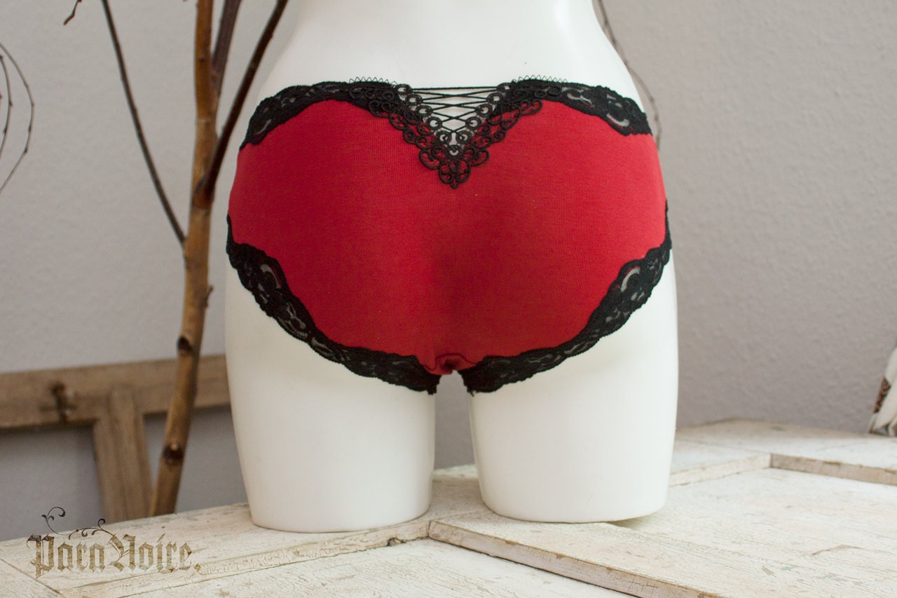one of a kind - Laced Panty - red upcycled cotton jersey panties with lovely black scalloped lace and lacing detail - size 90 (small)