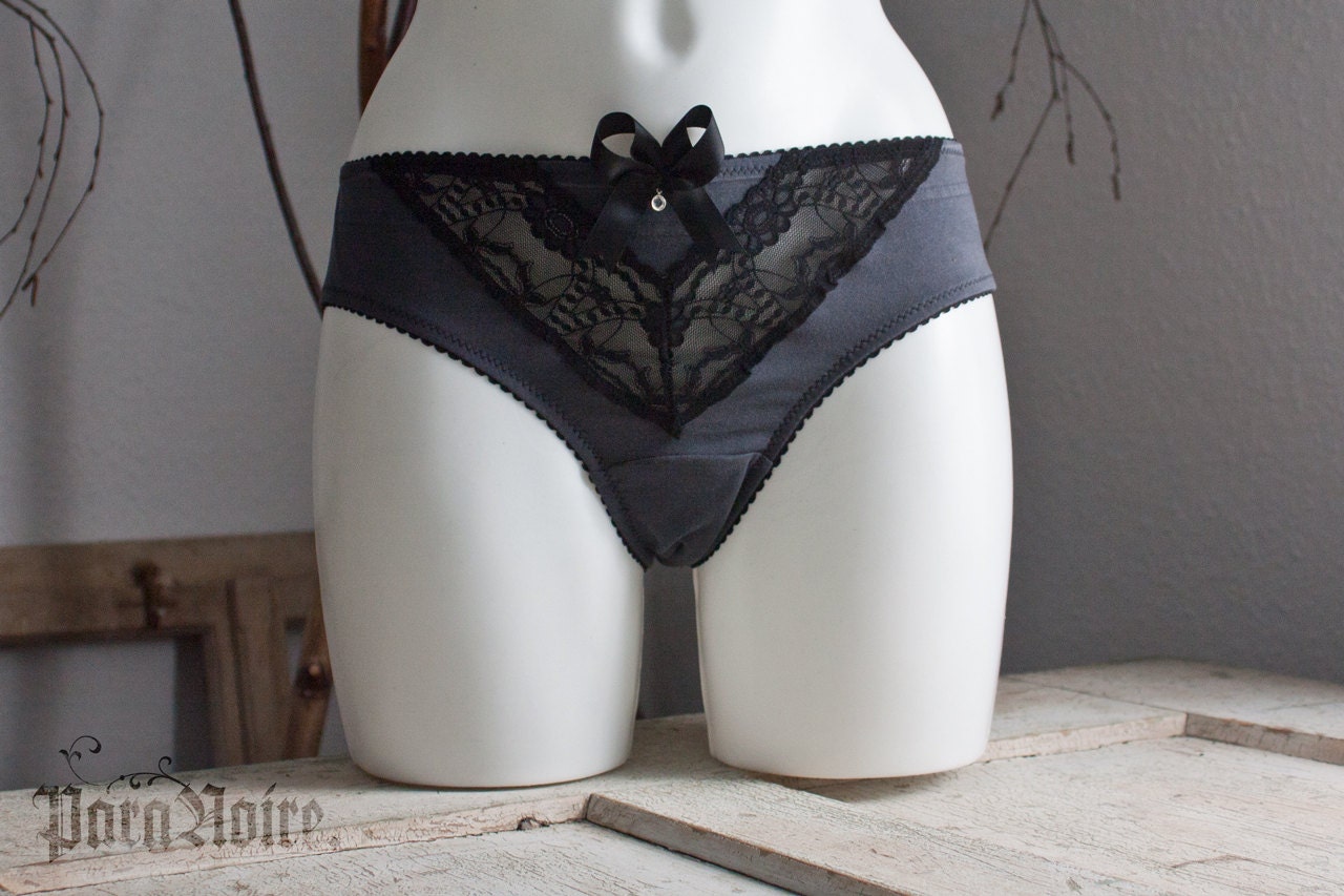 one of a kind - Black Dove Panty - upcycled cotton jersey panties with geometric lace overlay - size 106 (large)