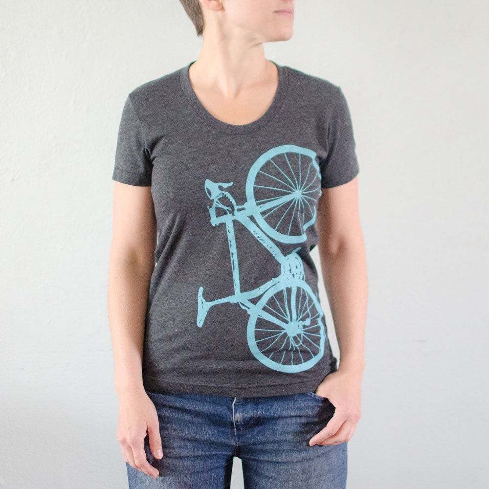 Large - Vital bicycle - women's 50-50 tee, turquoise bike on charcoal gray