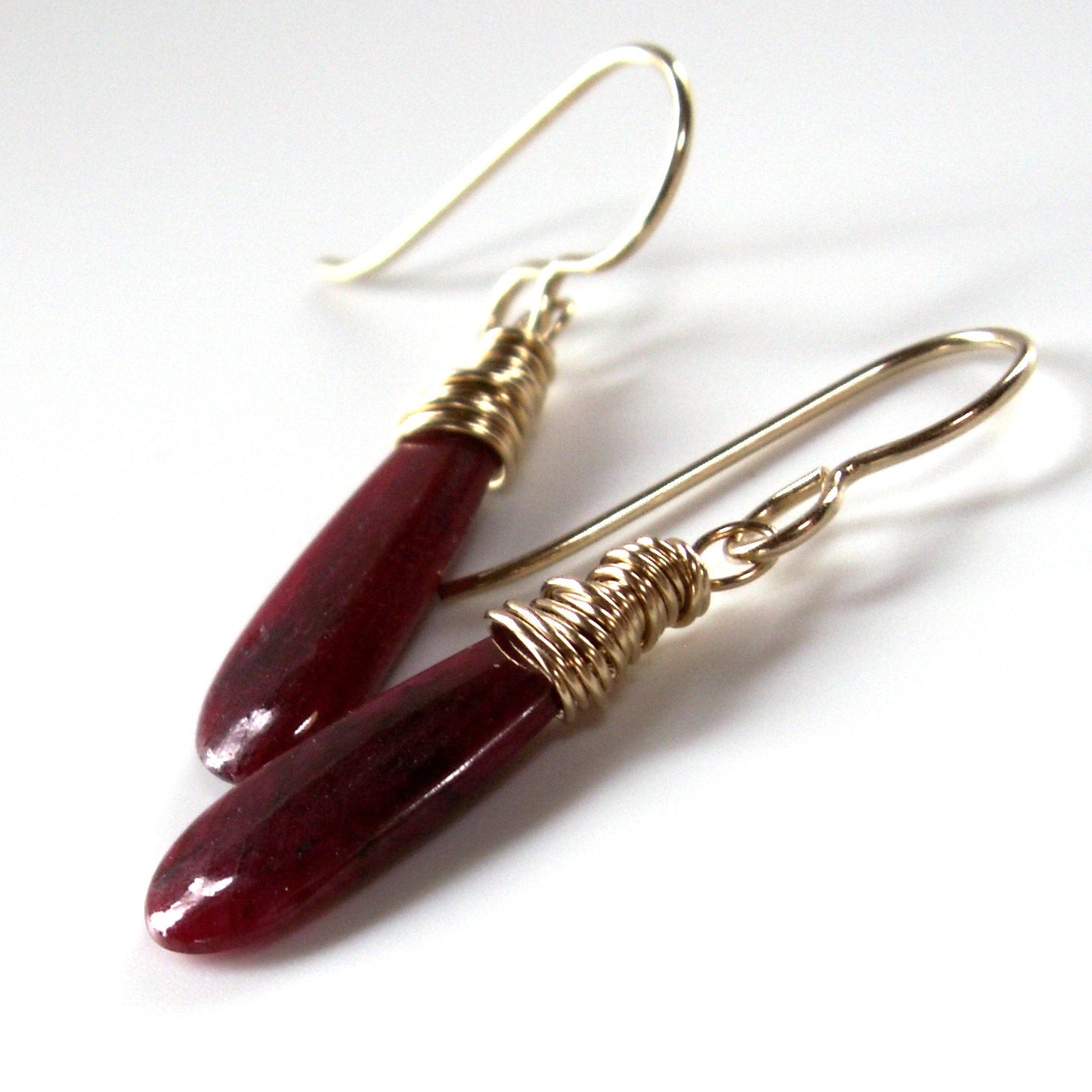 Ruby Briolette Earrings . July Birthstone Earrings . Gold Filled
