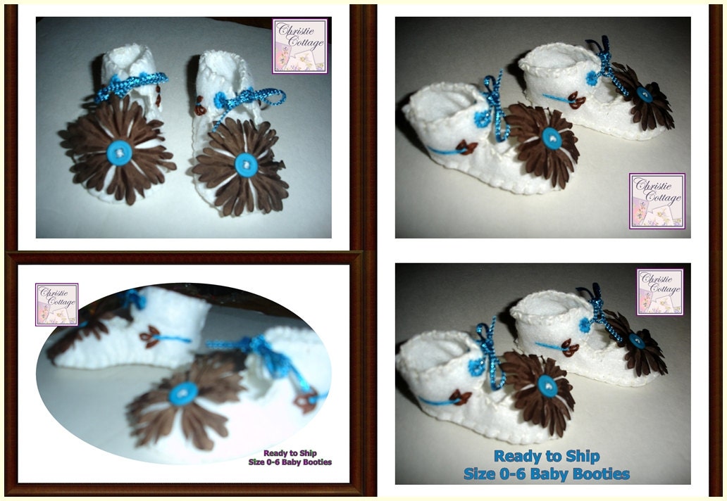 Baby Booties, Size 0-6 months. White, Brown, Teal, Handmade in America