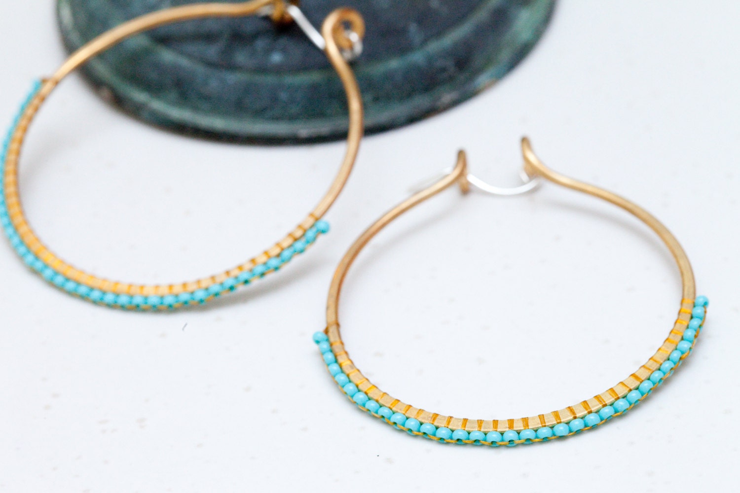 Turquoise seed bead and bronze hoop earrings