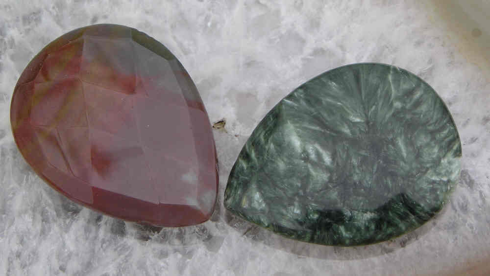 Two very nice agate and seraphinite gemstone teardrop pendants..