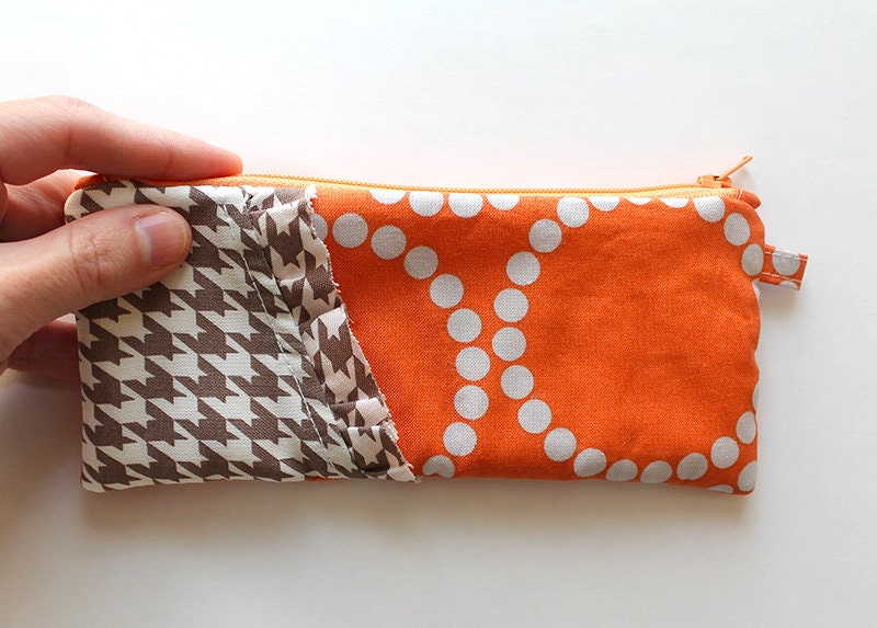 PENCIL size little zipper pouch. Beaded Bracelet in Orange,  Gray Ruffed front Clutch -Ready To Ship purse.