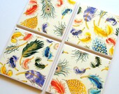 Colorful Feathers Earth Coasters - Set of Four - Summer, colorful, feathers, plumes, beverage, ceramic, nature, entertaining, hostess gift