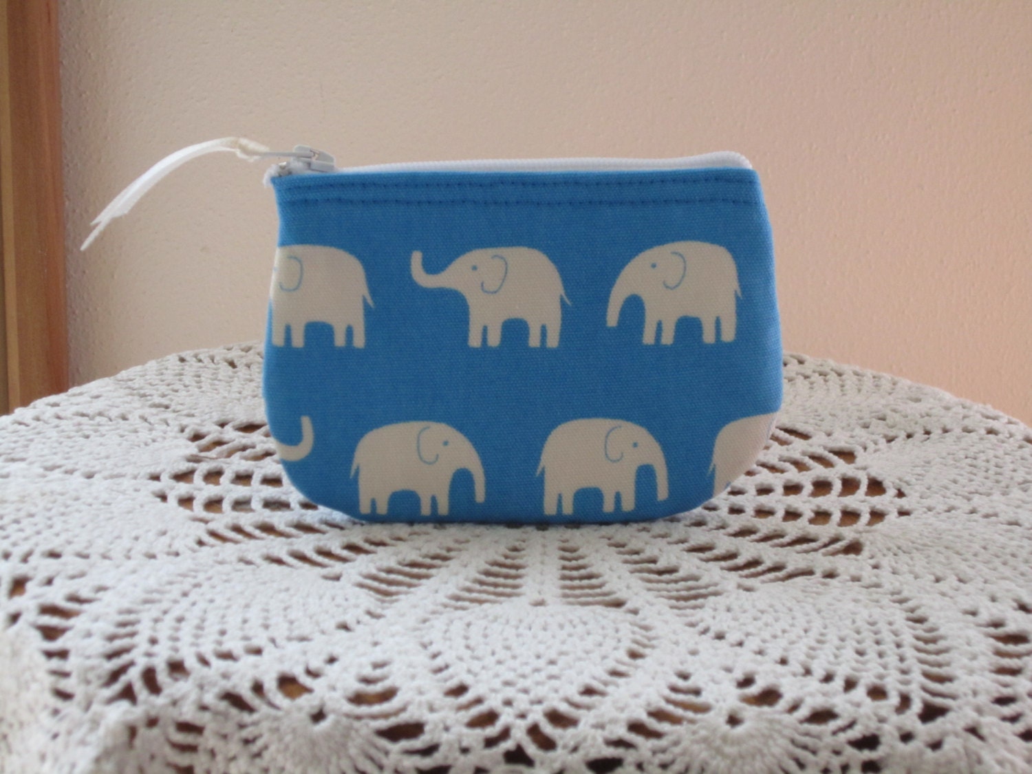 Coin Business Card Clutch Zipper Case White  Elephants on Parade in Blue Made in the USA