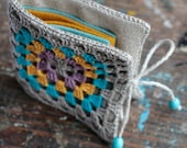 Small Linen Needle Book with Crochet detail -- Granny Square