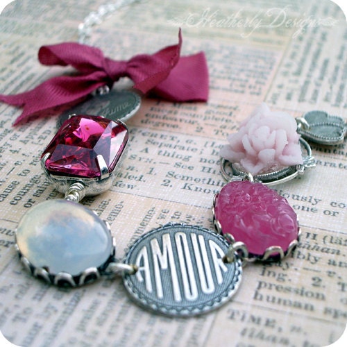 Sweet France: mixed media pink and silver single strand charm necklace