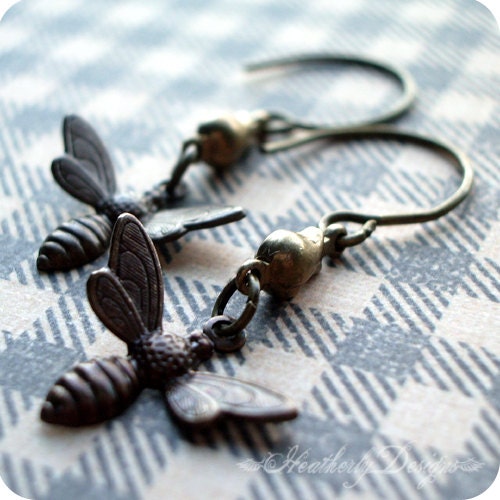 Honey Bees: aged brass tulip flower and honey bee delicate dangle earrings