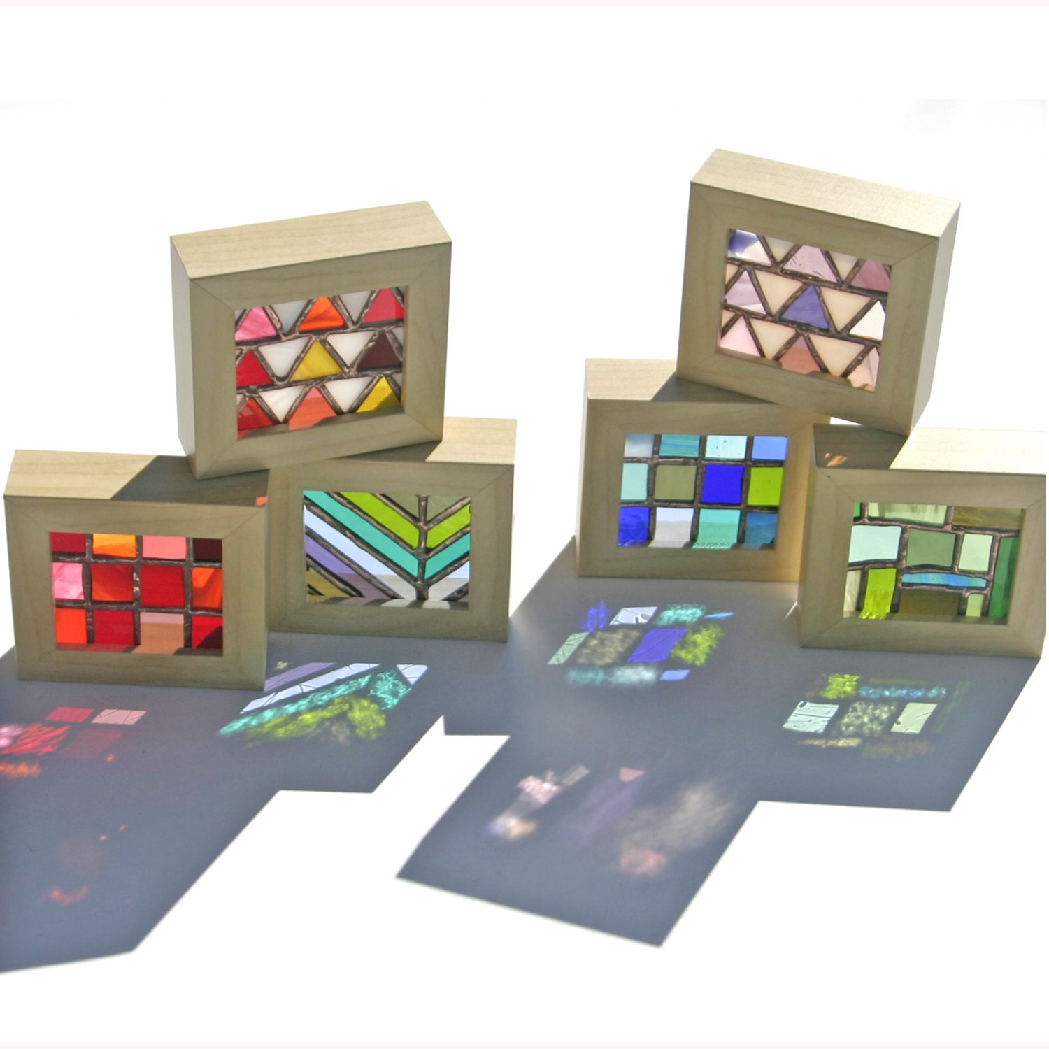 Small Stained Glass Panel in Free-Standing Wooden Frame Squares in Red Orange Pink