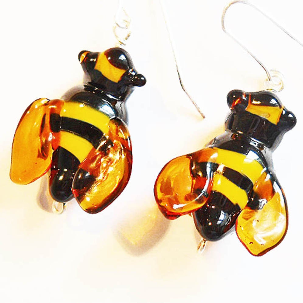 Lampwork glass bead bee earrings, black and yellow handmade bumblebee earrings, SRA art glass jewelry, glassbead, CGGE tt team