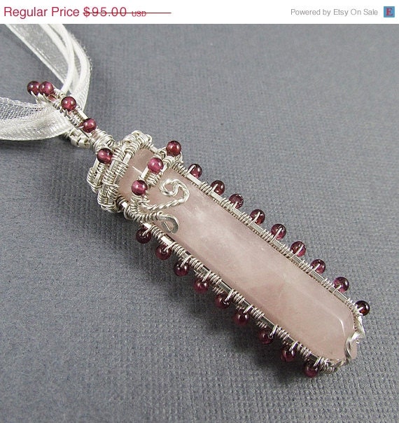 Spring Sale - 30% off - Necklace - Rose Quartz, Sterling Silver and Garnet - Remember Me Sweetly