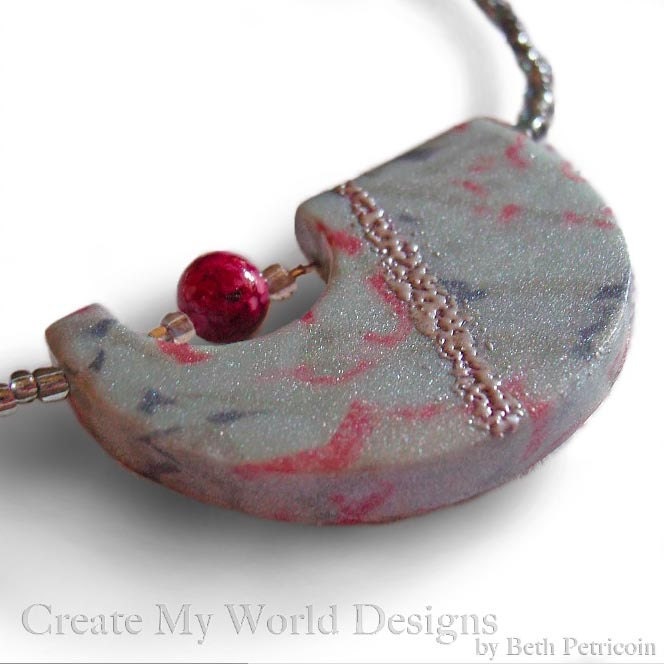 Grey Magenta Necklace: pendant polymer clay silk dyed embossed silver beaded glass stone neutral tones half moon shape