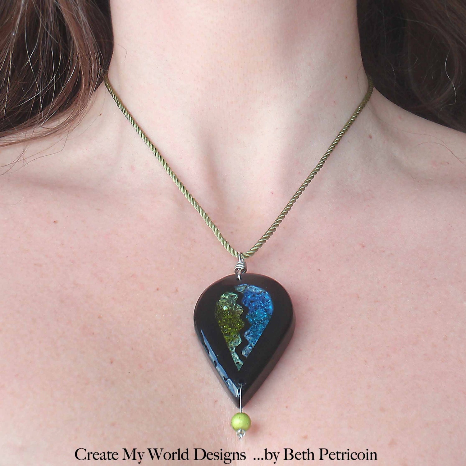 Abstract Leaf Pendant Necklace: Faux Dichroic Glass, Polymer clay, Blue, Green, Black, high gloss