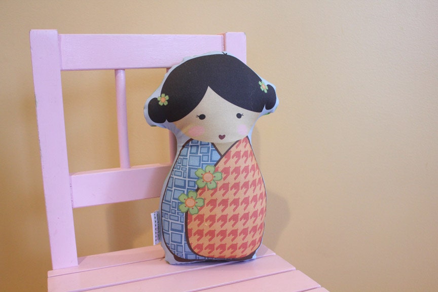 Doll Kokeshi by PETUNIAS - pillow stuffed japanese kimono plush softie room decor toddler baby gift photo prop toy pillow ready to ship
