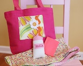 Doll diaper bag set by PETUNIAS blanket bottle book embellished tote bag soft cute sweet stuffed modern ready to ship