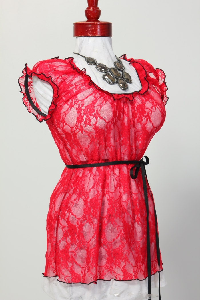 Size Large Red Lace Blouse - Fits Bust Measurement of 46 to 52 inches