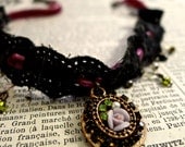 Lace Necklace Eyelet Ribbon Choker in black with crystal flower pendant