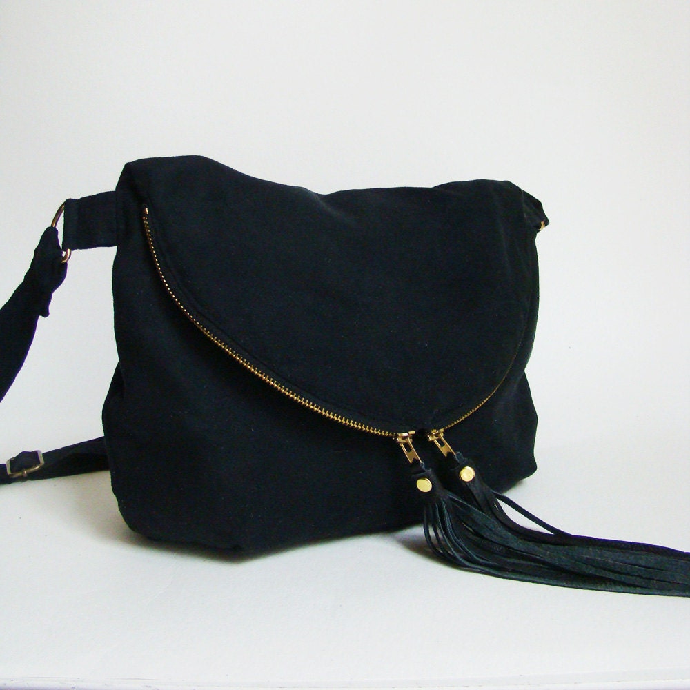 Black Fold over Satchel, day traveler bag in black vegan suede, reduced price