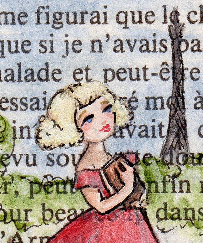 Paris, 1952 - Marcheline - Jardin des Tuileries - Original ACEO painting on vintage book page