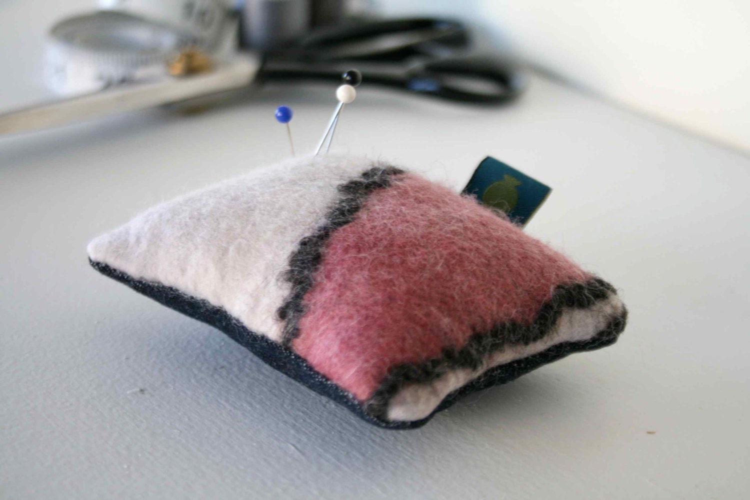 Pincushion - Hand Felted Merino Wool - Grey/Cream, Dusty Pink and Charcoal Lines