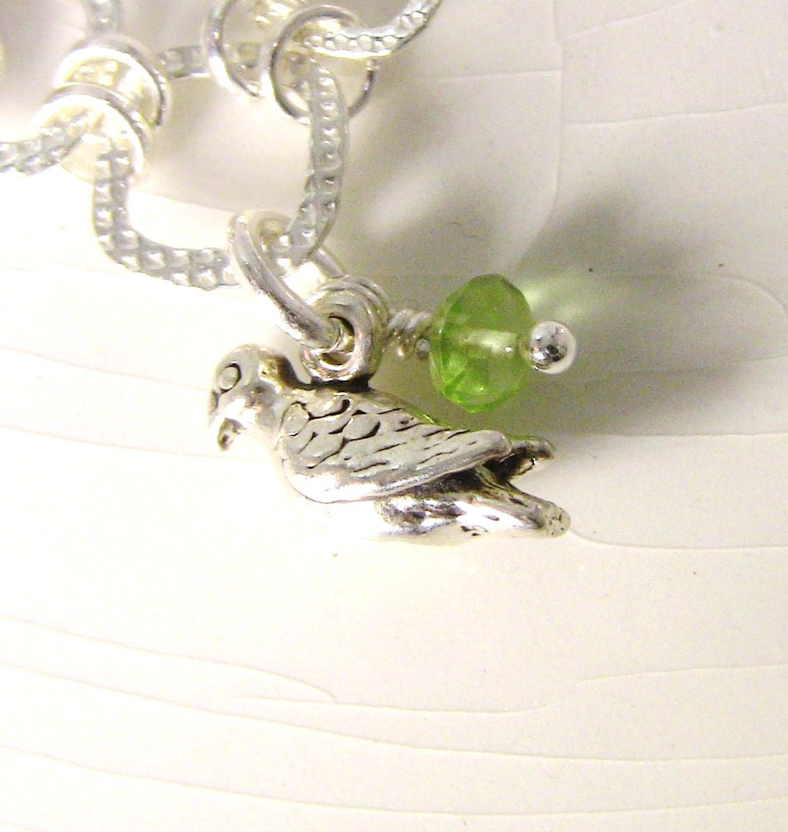 Sterling Silver Dove Charm for Charm Bracelet -  Peridot Gemstone Signature Charm - Christian Pendant - Faithfulness