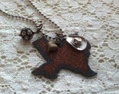 I Love TEXAS Necklace -  Rustic Hand Cut Recycled Metal State Shape with Cowboy Hat or Boot, Heart, and Rhinestone Charms