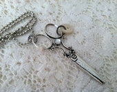 I Run With Scissors Necklace - Antiqued Silver Charm, Rhinestone, Antique Button, Vintage Tulle