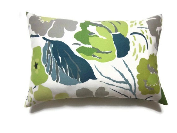 One Chartreuse Blue White Gray Lumbar Pillow Cover Decorative Floral Toss Throw Accent Pillow Cover 12x18