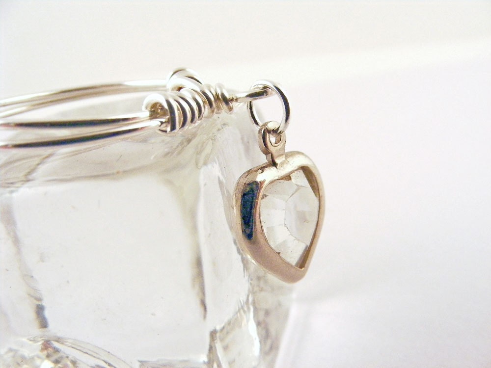 Dangle Heart Ring Sterling Silver Crystal Charm