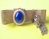Vintage 50s Mesh Glass Cabochon and Pearl Bracelet with Fringe