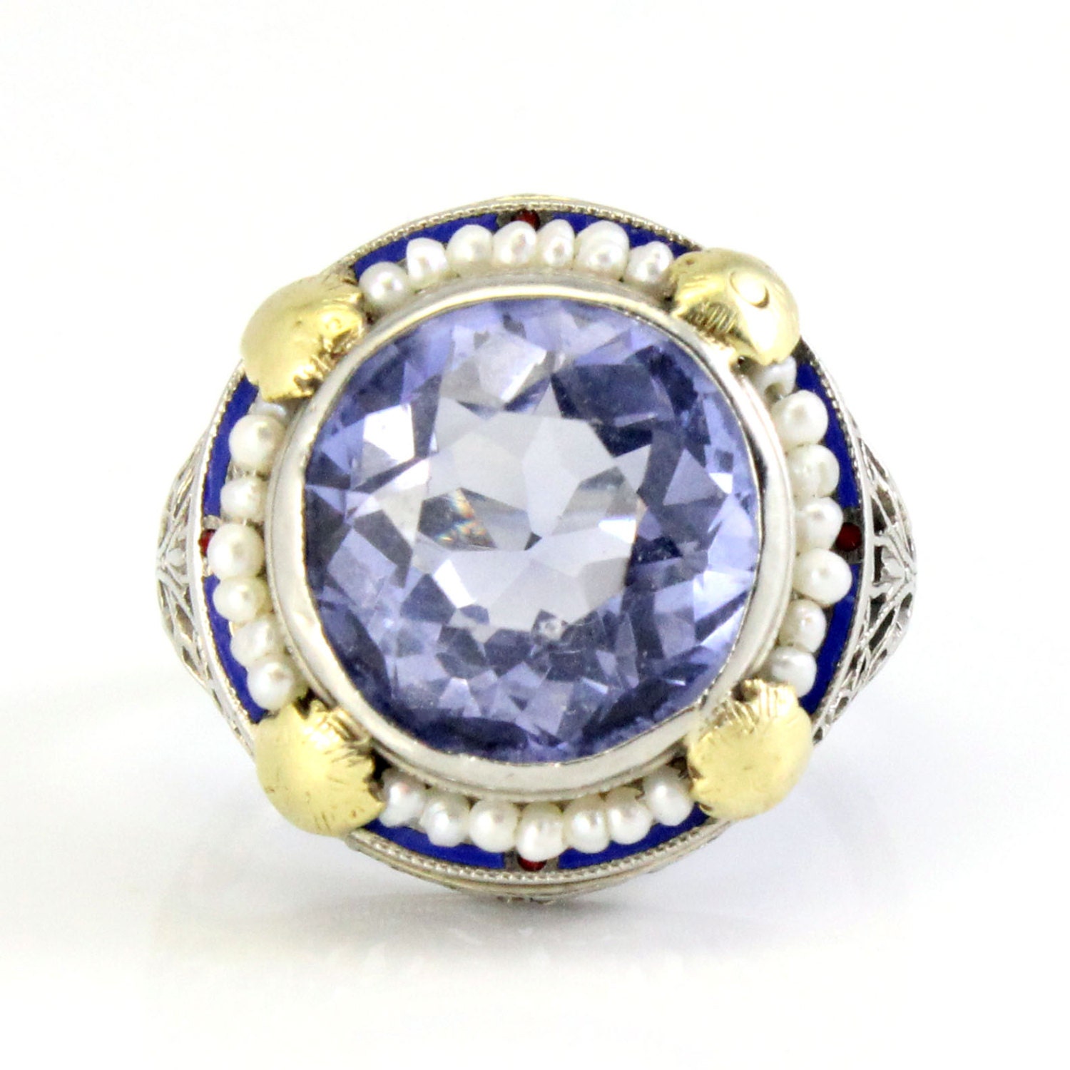 14K Antique Art Deco Two Tone Enamel Seed Pearl Filigree Ring Jewelry 1920s