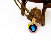 Blue  Dichroic Glass Black  Brass Wire Wrapped Pendant
