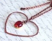 Copper Heart Necklace With Red Ruby Dangle