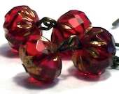 Ruby Red And Bronze Brass Earrings