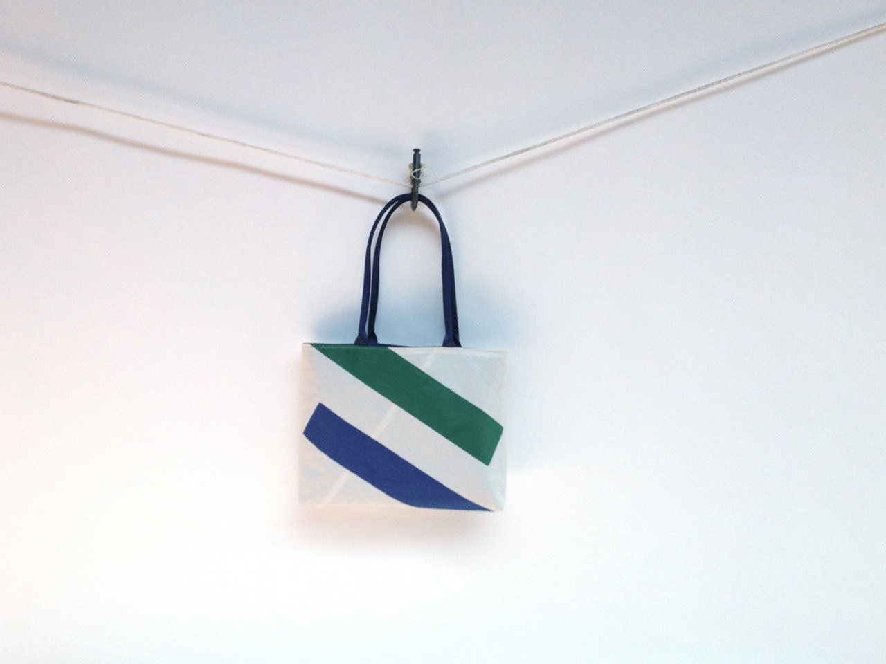 Sailor's purse - recycled sail bag green and blue stripes
