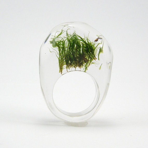 Moss Ring, Unique Clear and Black Resin Ring with Natural Moss
