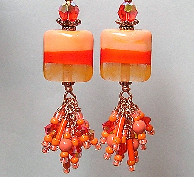 LaYeReD ORaNGe FLoaT with FuNFeTTi Handmade SRA Lampwork Glass Bead Earrings by Glitterbug Originals SRAJD
