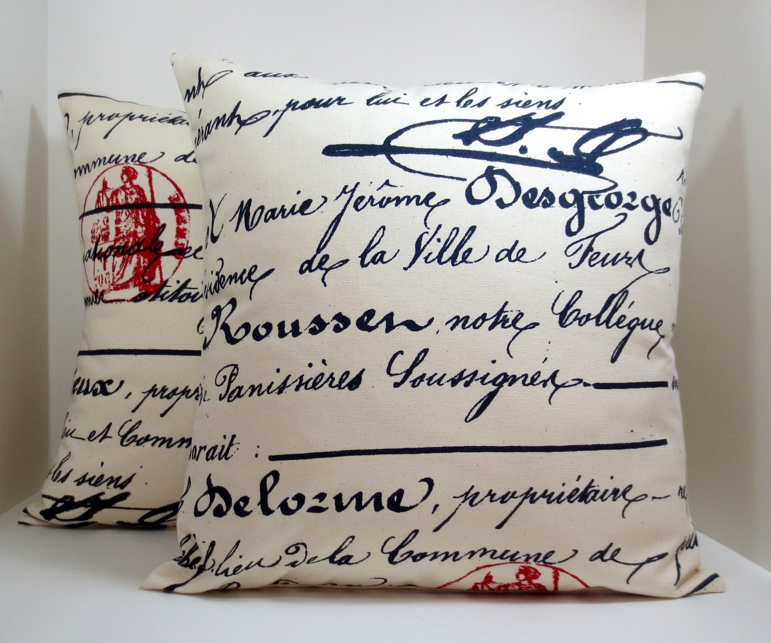 A pair of French Script decorative throw pillow covers 18 x18 inches /Accent cushion sham/ slipcover in Navy and red.