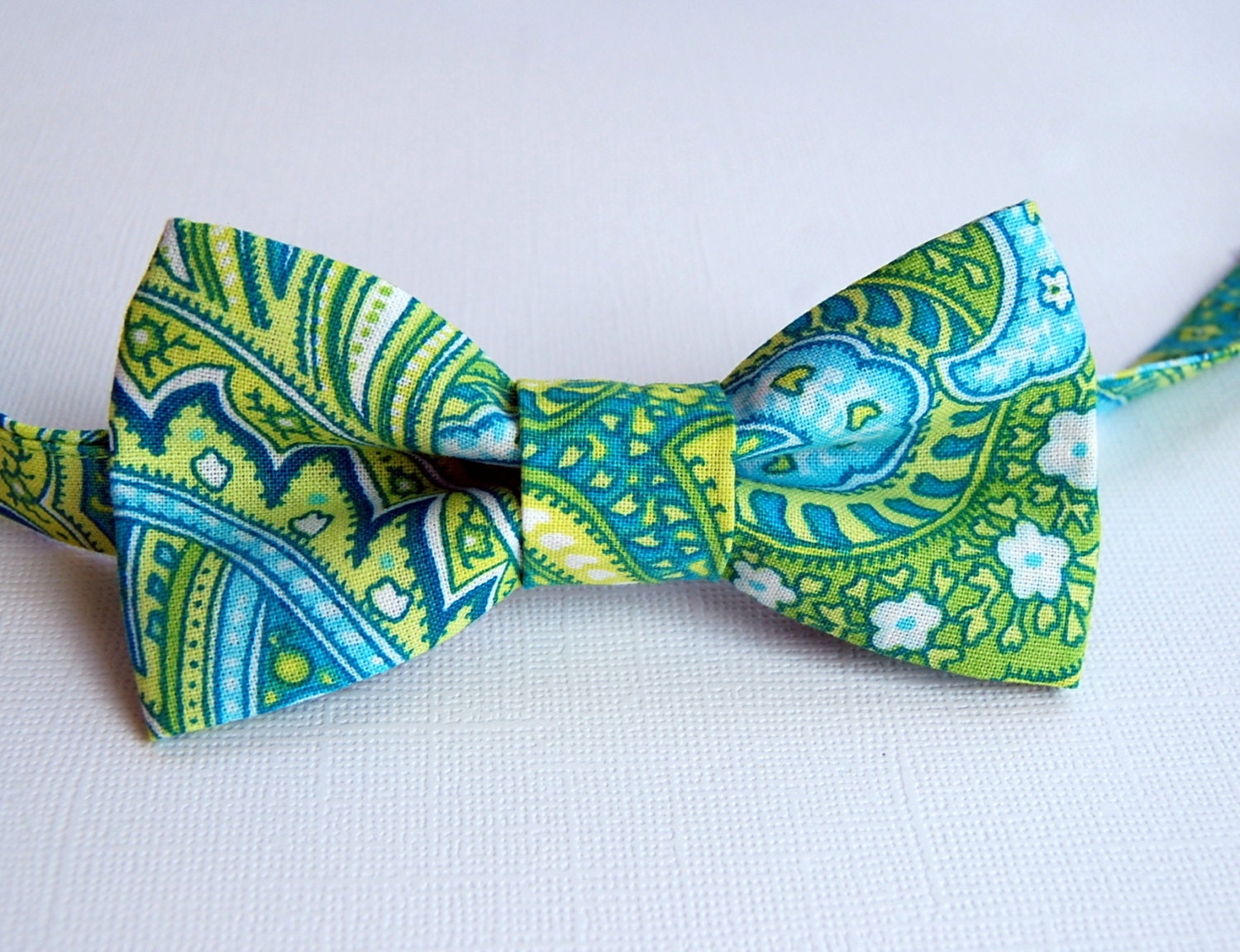 Boys Bow Tie - Blue Green Paisley Pretied Boys Bowtie, Infant Baby, Toddler, Child, Preteen Sizes
