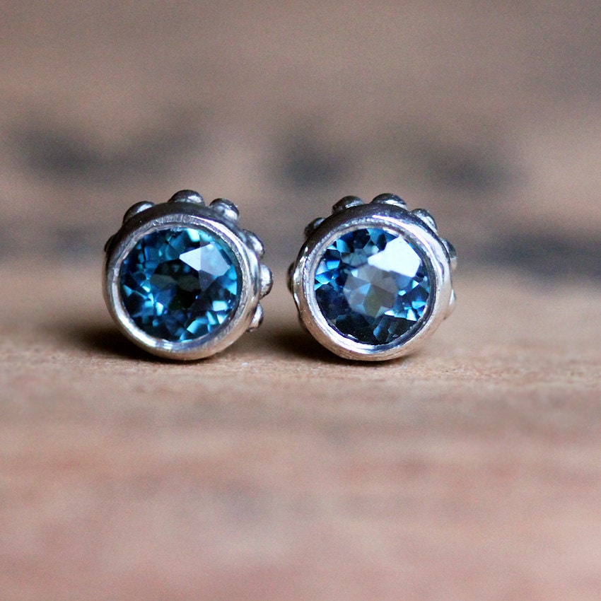 London blue topaz stud earrings - teal blue - bezel earring post - December birthstone - studs - wrought collection - ready to ship