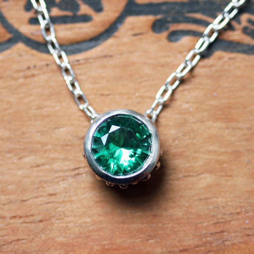 Emerald necklace - May birthstone - sterling silver - imitation emerald - bezel necklace - slider - wrought collection - emerald green