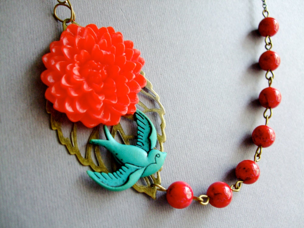 Tattoo Necklace,Sparrow Necklace,Colorful Necklace,Bridesmaid Necklace,Retro Jewelry,Red Jewelry,Teal Necklace (Free matching earrings)