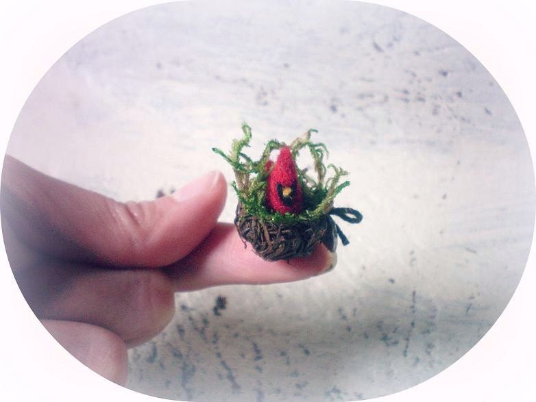 Micro Mini Felted Cardinal In Nest