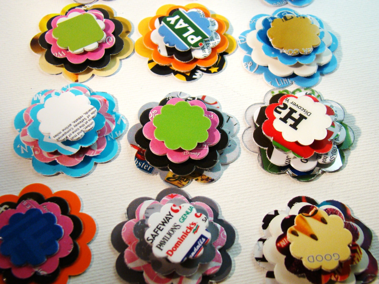 8 Upcycled Flower Magnets created from Giftcards  --  cubicle magnet  -- office magnet  --- fridge magnet  --- one of a kind magnets