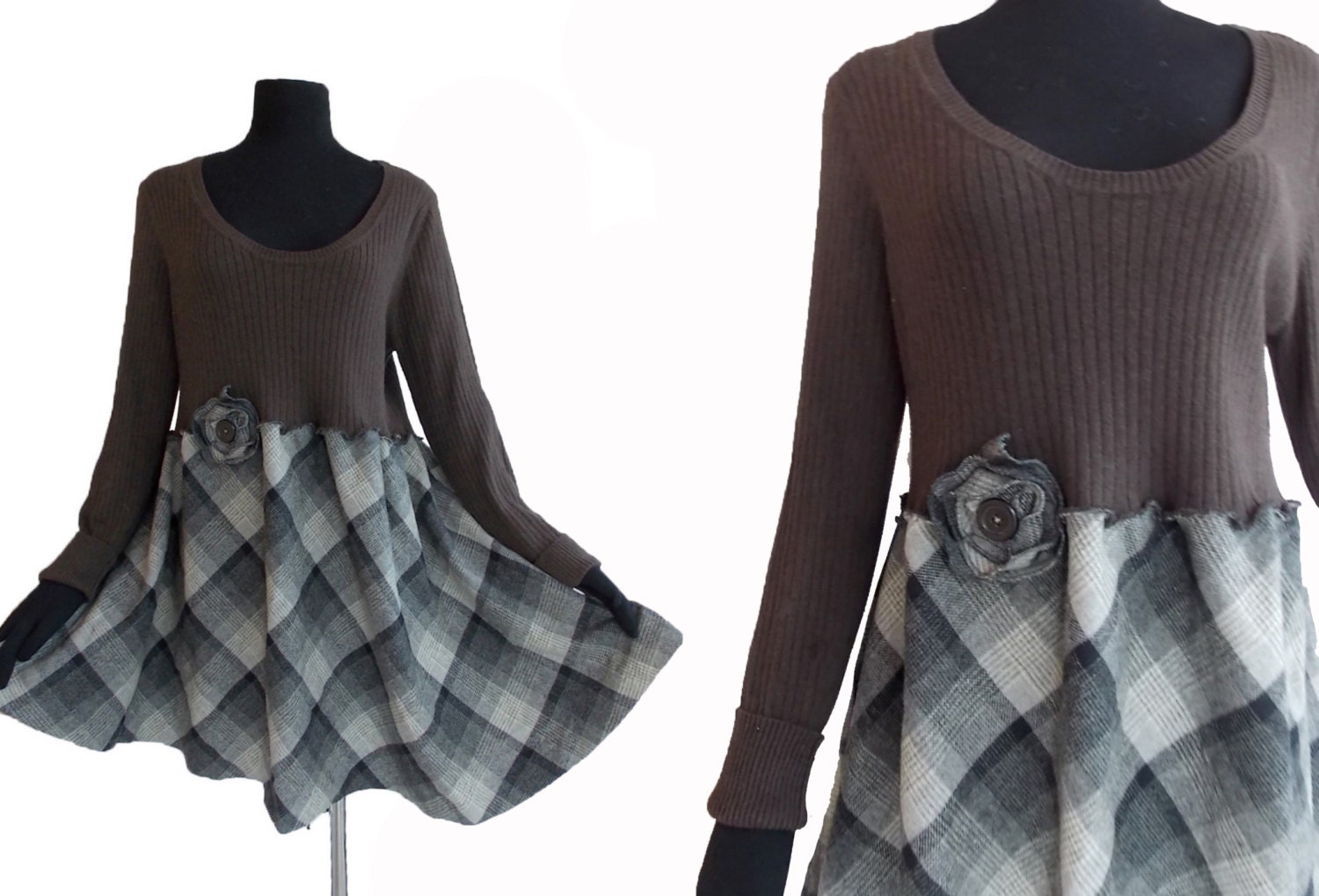 1x 2x Plaid Floral Tunic Sweater XXL Plus Size Womens Recycled Handmade Clothing Charcoal Gray Brown Black